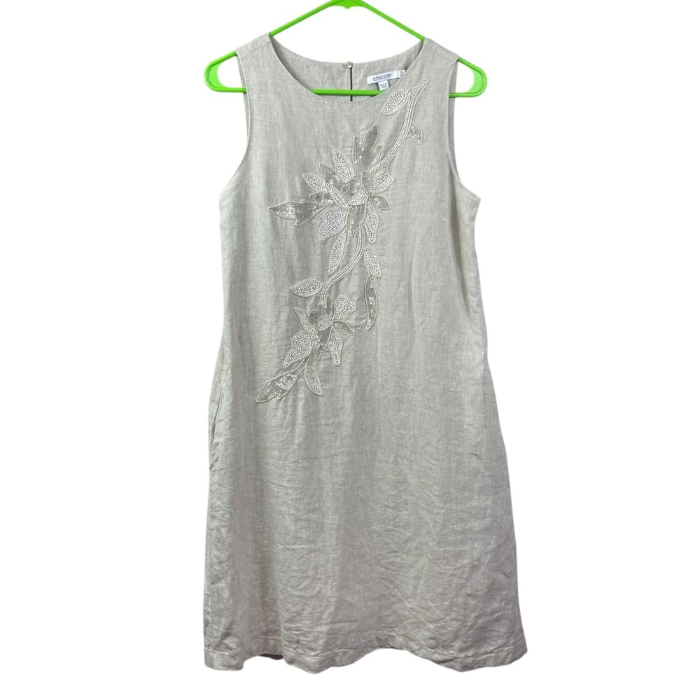 Chicos Linen Tank Dress Womens Sz 2 Oatmeal Embroidered Beaded Sequins